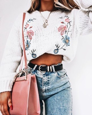 Women's Black Leather Belt, Pink Leather Crossbody Bag, Light Blue Skinny Jeans, White Embroidered Crew-neck Sweater