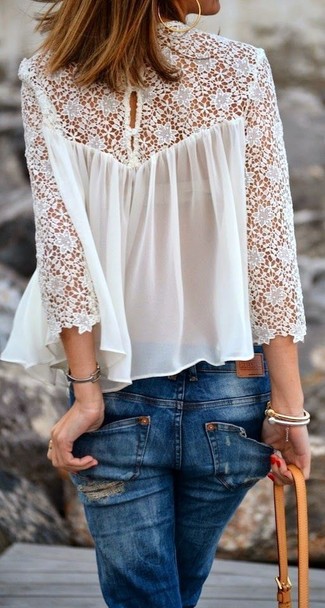 White Lace Long Sleeve Blouse Outfits: 