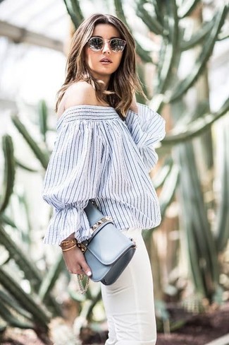 Women's Black Sunglasses, Light Blue Leather Crossbody Bag, White Skinny Jeans, White and Navy Vertical Striped Off Shoulder Top