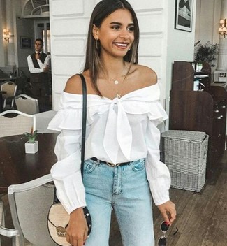 White Off Shoulder Top with Skinny Jeans Outfits: 