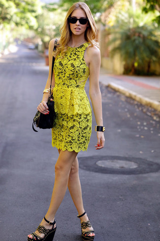 Women's Black Sunglasses, Black Leather Crossbody Bag, Black and Gold Studded Suede Wedge Sandals, Yellow Lace Sheath Dress