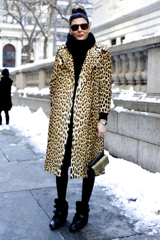 Women's Black Knit Scarf, Black and Gold Leather Crossbody Bag, Black Leather Wedge Sneakers, Tan Leopard Fur Coat