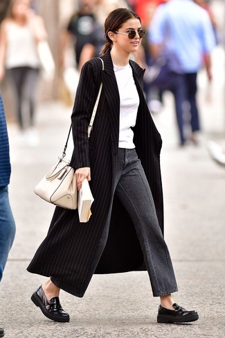 Selena Gomez wearing Black Leather Loafers, Grey Denim Culottes, White Crew-neck T-shirt, Black Vertical Striped Coat