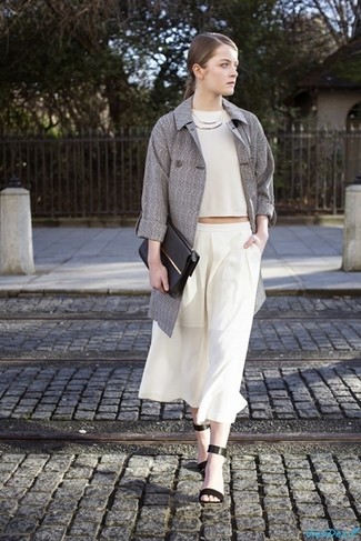 Women's Black Leather Heeled Sandals, White Culottes, White Cropped Top, Grey Trenchcoat