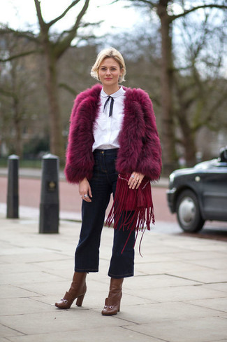 Women's Brown Leather Ankle Boots, Navy Denim Culottes, White and Black Dress Shirt, Purple Fur Jacket