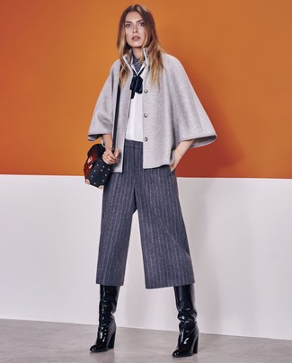 Women's Black Leather Knee High Boots, Grey Vertical Striped Culottes, White and Black Long Sleeve Blouse, Grey Cape Coat