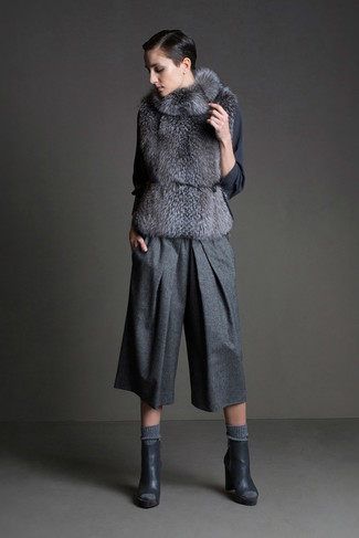 Women's Charcoal Cutout Leather Ankle Boots, Grey Wool Culottes, Charcoal Long Sleeve Blouse, Grey Fur Vest