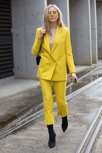 Women's Black Elastic Ankle Boots, Yellow Culottes, Beige Long Sleeve T-shirt, Yellow Double Breasted Blazer