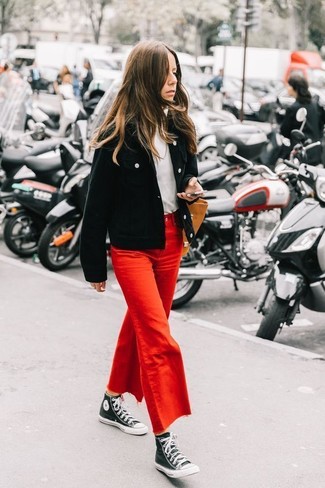 Women's Black and White Canvas High Top Sneakers, Red Denim Culottes, White Turtleneck, Black Corduroy Bomber Jacket