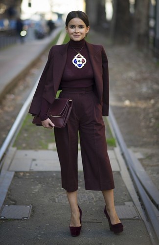 Miroslava Duma wearing Burgundy Suede Pumps, Burgundy Culottes, Burgundy Turtleneck, Burgundy Double Breasted Blazer