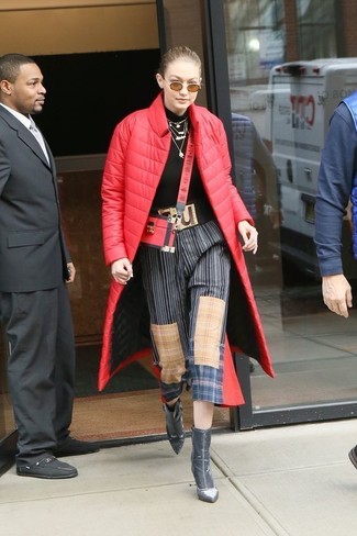 Gigi Hadid wearing Red Leather Crossbody Bag, Grey Vertical Striped Culottes, Black Turtleneck, Red Puffer Coat