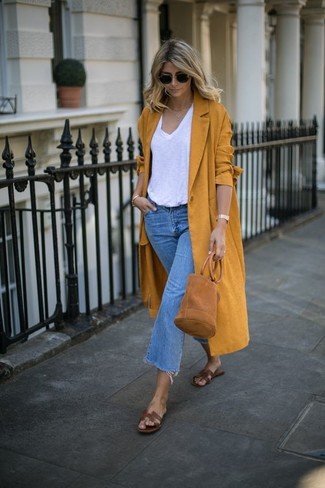 Women's Brown Leather Flat Sandals, Blue Denim Culottes, White V-neck T-shirt, Mustard Coat