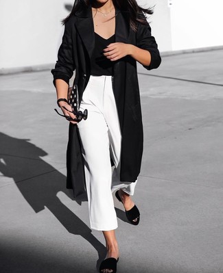 Women's Black Suede Flat Sandals, White Culottes, Black V-neck T-shirt, Black Duster Coat