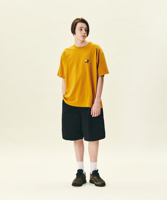 Mustard Crew-neck T-shirt Outfits For Men In Their Teens: 