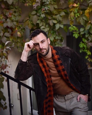 Burgundy Scarf Outfits For Men: This city casual combo of a dark brown suede biker jacket and a burgundy scarf is very easy to throw together in next to no time, helping you look sharp and prepared for anything without spending too much time searching through your closet.