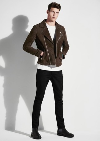 Dark Brown Suede Biker Jacket Outfits For Men: Pair a dark brown suede biker jacket with black chinos for an effortless kind of refinement. To bring a little classiness to this outfit, introduce black leather chelsea boots to this ensemble.