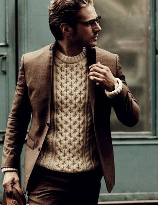 Men's Dark Brown Blazer, Beige Cable Sweater, Dark Brown Wool Dress Pants