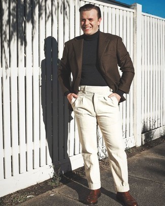 Beige Corduroy Dress Pants Outfits For Men: A dark brown houndstooth blazer and beige corduroy dress pants are worth adding to your list of veritable menswear staples. The whole look comes together perfectly when you introduce dark brown leather brogues to your getup.