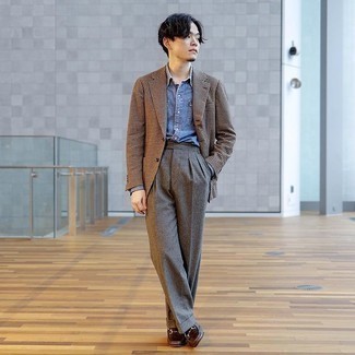 500+ Dressy Warm Weather Outfits For Men: Try teaming a dark brown houndstooth blazer with grey wool dress pants for a seriously dapper ensemble. Dark brown leather loafers work wonderfully well with this look.
