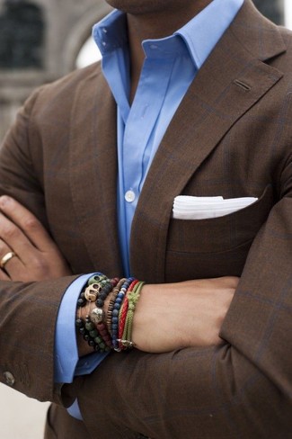 Tobacco Check Blazer Outfits For Men: Combining a tobacco check blazer and a light blue dress shirt is a fail-safe way to infuse your styling collection with some manly elegance.