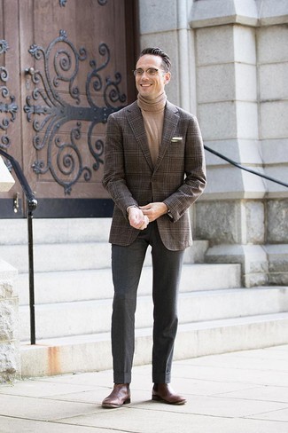 Brown Plaid Blazer Outfits For Men: A brown plaid blazer and charcoal wool dress pants are a refined ensemble that every modern guy should have in his collection. Look at how great this look is complemented with dark brown leather chelsea boots.
