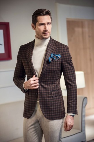 Dark Brown Gingham Blazer Outfits For Men: We're loving the way this pairing of a dark brown gingham blazer and beige wool dress pants immediately makes a man look refined and smart.