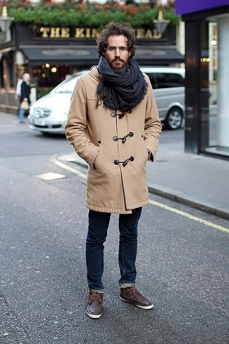 Men's Navy Plaid Scarf, Dark Brown Leather Boat Shoes, Navy Skinny Jeans, Camel Duffle Coat