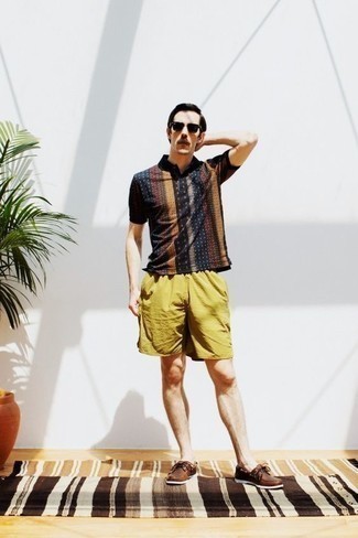 Men's Black Sunglasses, Dark Brown Leather Boat Shoes, Olive Shorts, Multi colored Print Polo