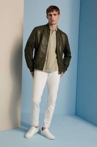 Dark Brown Leather Bomber Jacket Outfits For Men: For a laid-back and cool ensemble, consider wearing a dark brown leather bomber jacket and white jeans — these pieces fit perfectly well together. If you're not sure how to round off, introduce a pair of white leather low top sneakers to this getup.