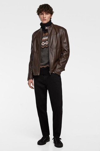 Dark Brown Leather Bomber Jacket Outfits For Men: This ensemble with a dark brown leather bomber jacket and black jeans isn't hard to score and is open to more creative experimentation. The whole look comes together wonderfully when you complete your ensemble with a pair of black canvas low top sneakers.