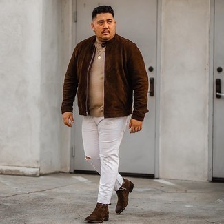 White Ripped Jeans Outfits For Men: Why not pair a dark brown suede bomber jacket with white ripped jeans? As well as very comfortable, these pieces look amazing worn together. To introduce a little fanciness to this outfit, rock a pair of dark brown suede chelsea boots.