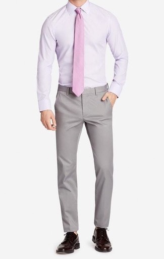Men's Pink Tie, Dark Brown Leather Brogues, Grey Chinos, Light Violet Dress Shirt