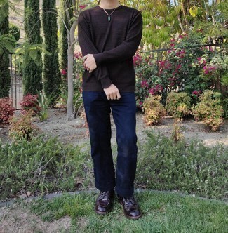 Dark Brown Crew-neck Sweater Outfits For Men: To create an off-duty ensemble with a fashionable spin, you can wear a dark brown crew-neck sweater and navy chinos. Dark purple leather casual boots will instantly polish off your getup.