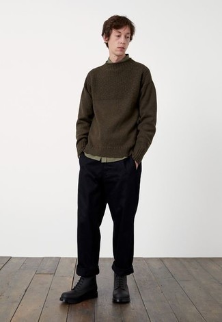 Dark Brown Crew-neck Sweater Outfits For Men: Pair a dark brown crew-neck sweater with black chinos to feel confident and look trendy. For something more on the sophisticated side to round off your look, complement this ensemble with black leather casual boots.