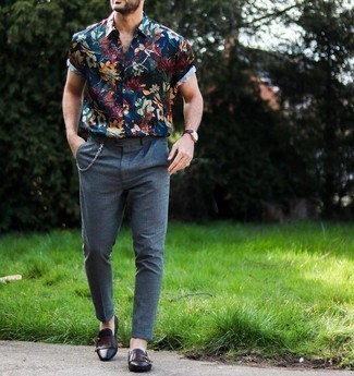 Men's Burgundy Leather Watch, Dark Brown Leather Double Monks, Charcoal Wool Chinos, Navy Floral Short Sleeve Shirt