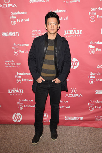 John Cho wearing Dark Brown Field Jacket, Brown Horizontal Striped Crew-neck Sweater, Black Jeans, Black Leather Casual Boots