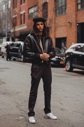 Dark Brown Leather Harrington Jacket Outfits: A dark brown leather harrington jacket and burgundy plaid wool chinos are a nice combination to keep in your daily off-duty rotation. Complete this ensemble with white leather low top sneakers et voila, this look is complete.