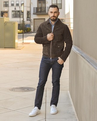 Men's Dark Brown Suede Harrington Jacket, Light Blue Short Sleeve Shirt, Charcoal Jeans, White Leather Low Top Sneakers