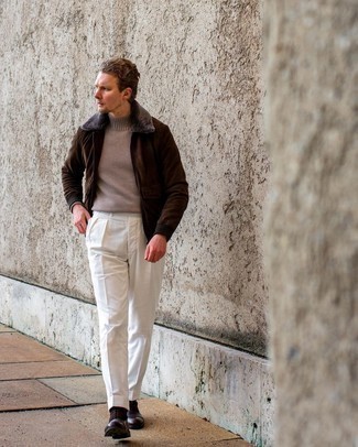 Tobacco Leather Oxford Shoes Outfits: A dark brown suede harrington jacket and white dress pants are a really smart outfit for you to try. If you want to instantly up this getup with footwear, why not complete your ensemble with a pair of tobacco leather oxford shoes?