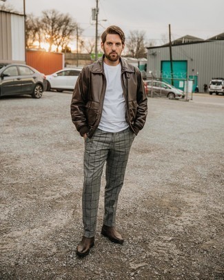 Dark Brown Leather Harrington Jacket Outfits: Pairing a dark brown leather harrington jacket and grey check dress pants is a surefire way to inject personality into your wardrobe. For extra style points, add dark brown leather chelsea boots to the mix.