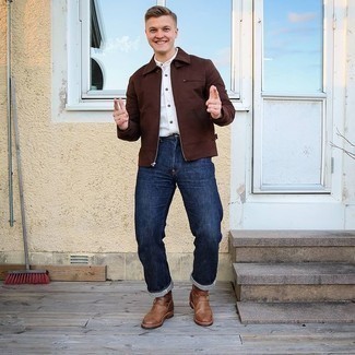 Brown Leather Chelsea Boots Outfits For Men: A dark brown harrington jacket and navy jeans are the kind of a tested casual outfit that you so desperately need when you have zero time. You could perhaps get a little creative in the shoe department and elevate this look by slipping into brown leather chelsea boots.