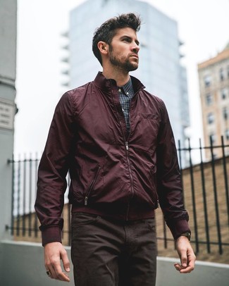 Burgundy Bomber Jacket Outfits For Men: 