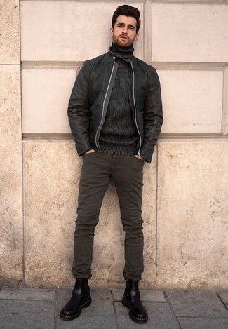 Charcoal Knit Turtleneck with Black Bomber Jacket Outfits For Men: 