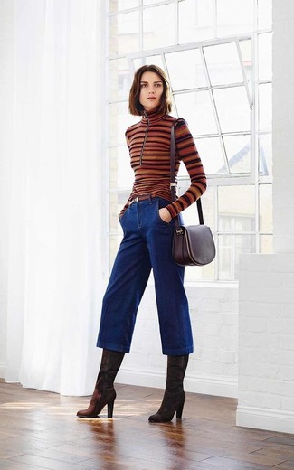 Brown Horizontal Striped Turtleneck Outfits For Women: 