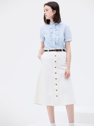 Women's Dark Brown Leather Belt, White Button Skirt, Light Blue Short Sleeve Button Down Shirt