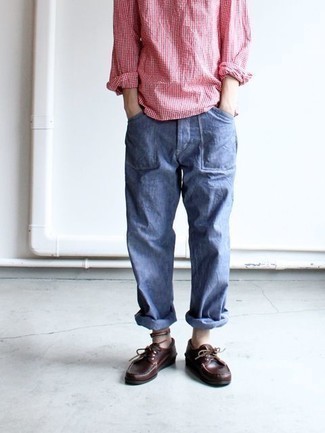 Men's Dark Brown Leather Boat Shoes, Blue Jeans, Hot Pink Check Long Sleeve Shirt