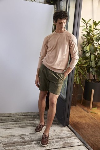 Men's Dark Brown Leather Boat Shoes, Olive Shorts, Beige Crew-neck Sweater