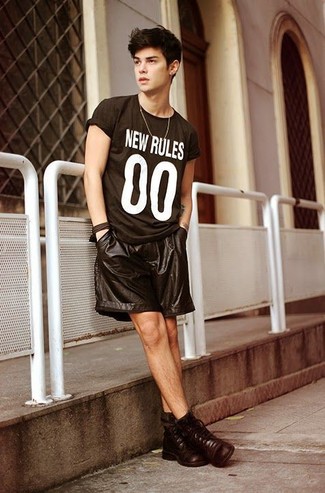 Men's Dark Brown Leather Casual Boots, Black Leather Shorts, Black and White Print Crew-neck T-shirt