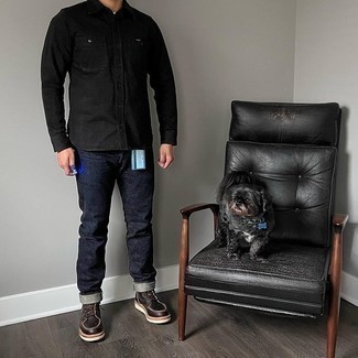 Men's Dark Brown Leather Casual Boots, Navy Jeans, Black Denim Shirt