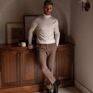 White Turtleneck with Dress Pants Outfits For Men: 